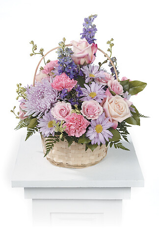 Basket Arrangement in Pastel Purple and Pinks